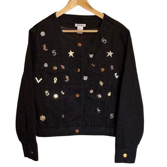 Ooh La La Jackets & Blazers - Oo La La Black Denim Embellished Collarless "Charm" Jacket Whimsy Bling size L
